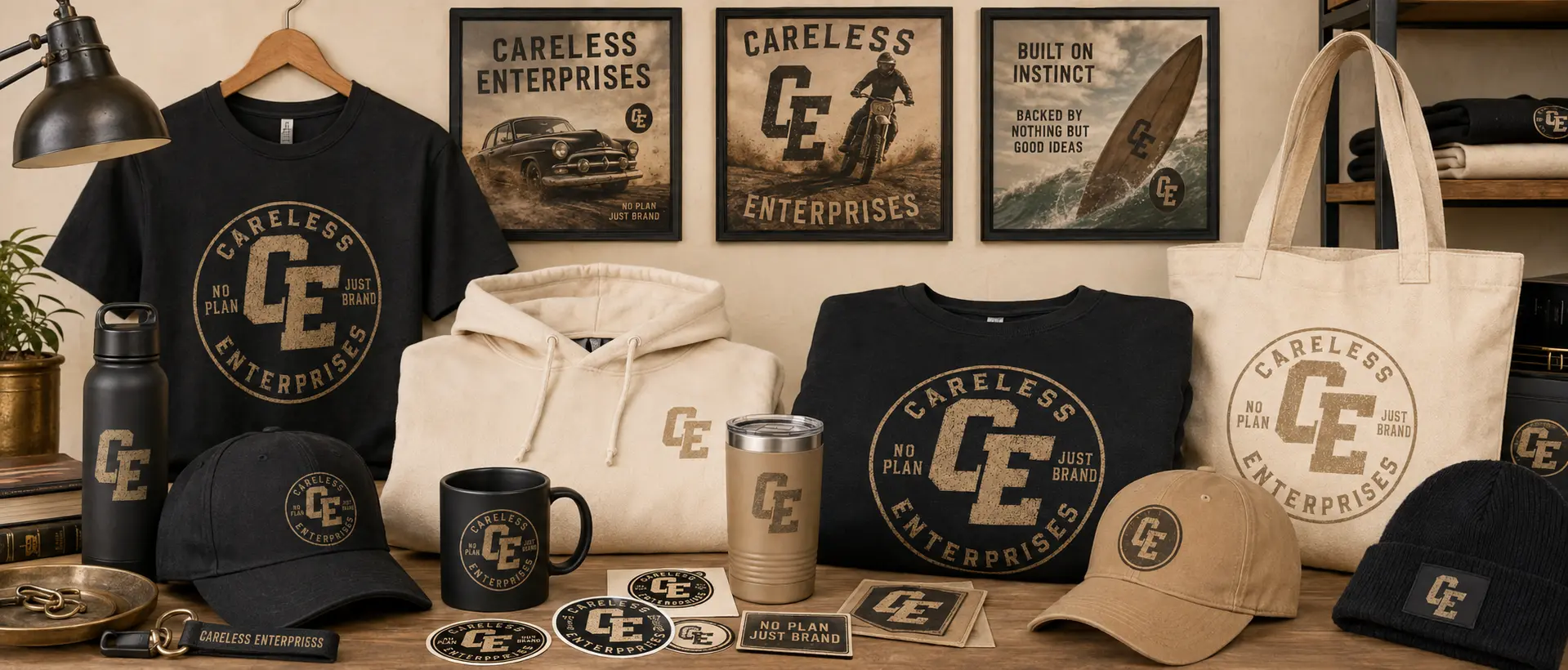 Careless Enterprises apparel, hats, drinkware, tote, stickers and framed campaign art
